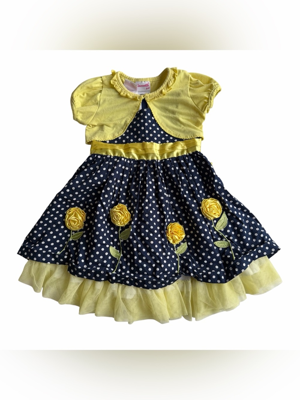 Nannette Girl Yellow & Navy Polka Dotted Flower Party Dress With A Cardigan